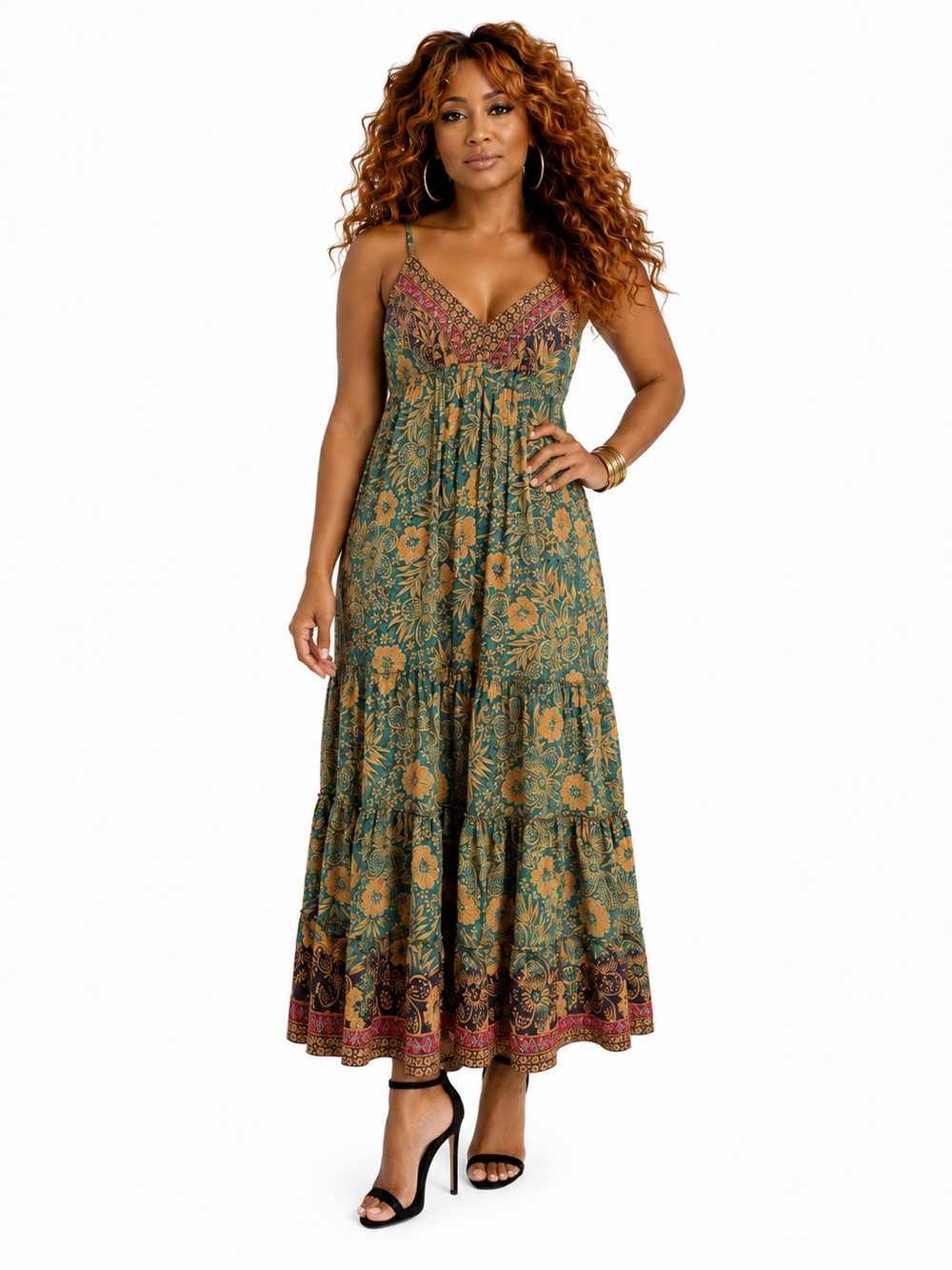LA FIORENTINA Ben & Lisa Silk Blend Tiered Maxi Dress Blue Gold Women’s Size XL